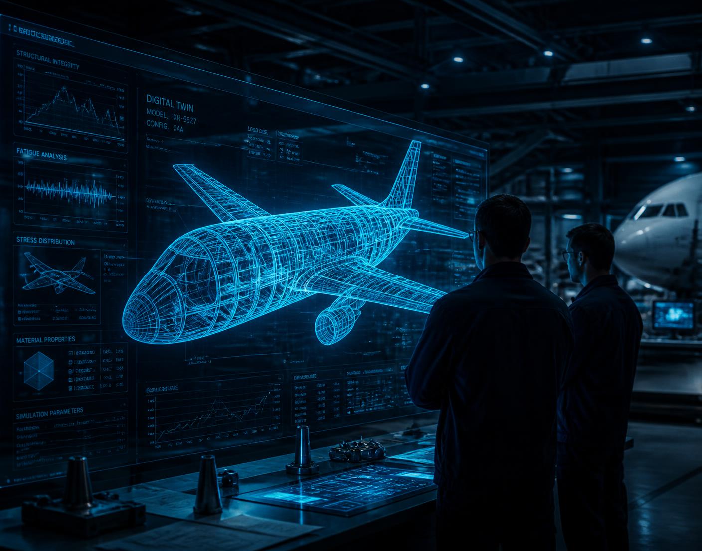 Ingénieurs analysant le jumeau numérique d'une structure aéronautique